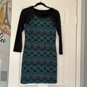 Three pink Hearts brand: Black and Teal Chevron Long Sleeve Dress